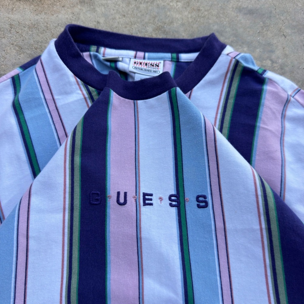 Vintage 90s Guess Originals Striped T-Shirt Embroidered Logo Multi M (k4)